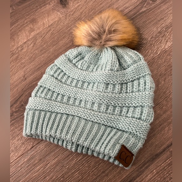 C.C. Blue knit fur pom pom beanie - Picture 2 of 4